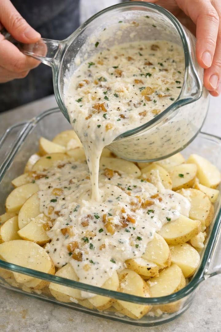 creamy pour-over over potatoes into a glass casserole
